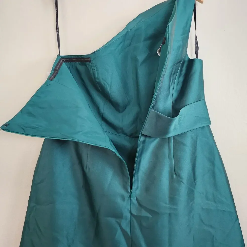 Alfred Sung One Shoulder Satin A-Line Gown Hunter Green Pockets NWT Plus Size 16 - Picture 8 of 9